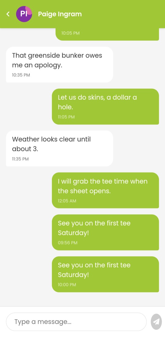 A message thread with a golfer, showing sent and received messages with times
