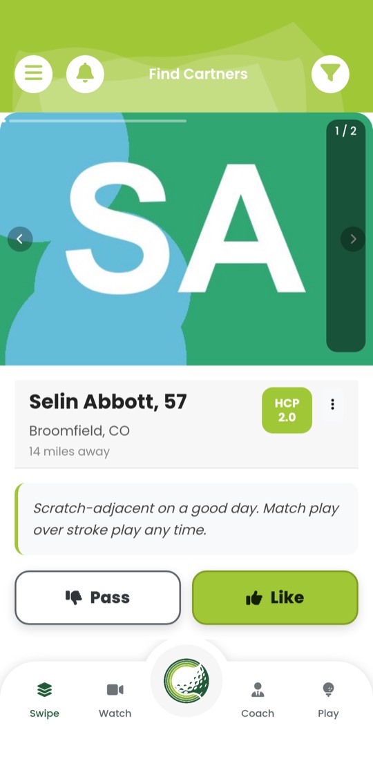A golfer profile card with distance, handicap and Pass and Like buttons